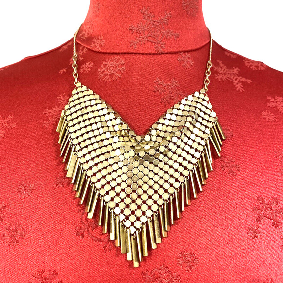 Lovisa Gold Tone Mesh Bib Necklace Vintage Look Disco Runway 70s Fashion Tassels - Picture 1 of 8
